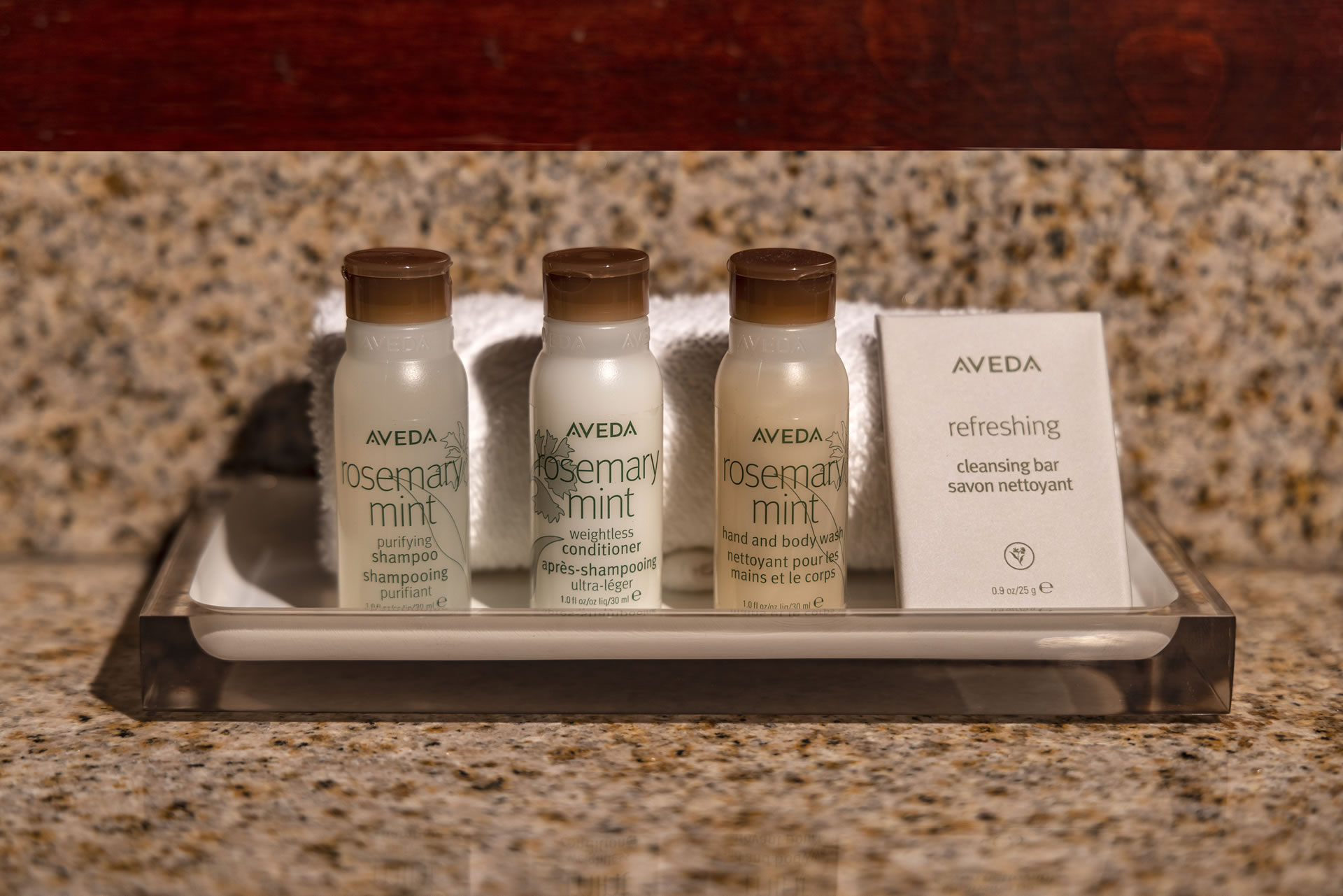 Aveda bathroom amenities at Silver Cloud Hotel - Portland.